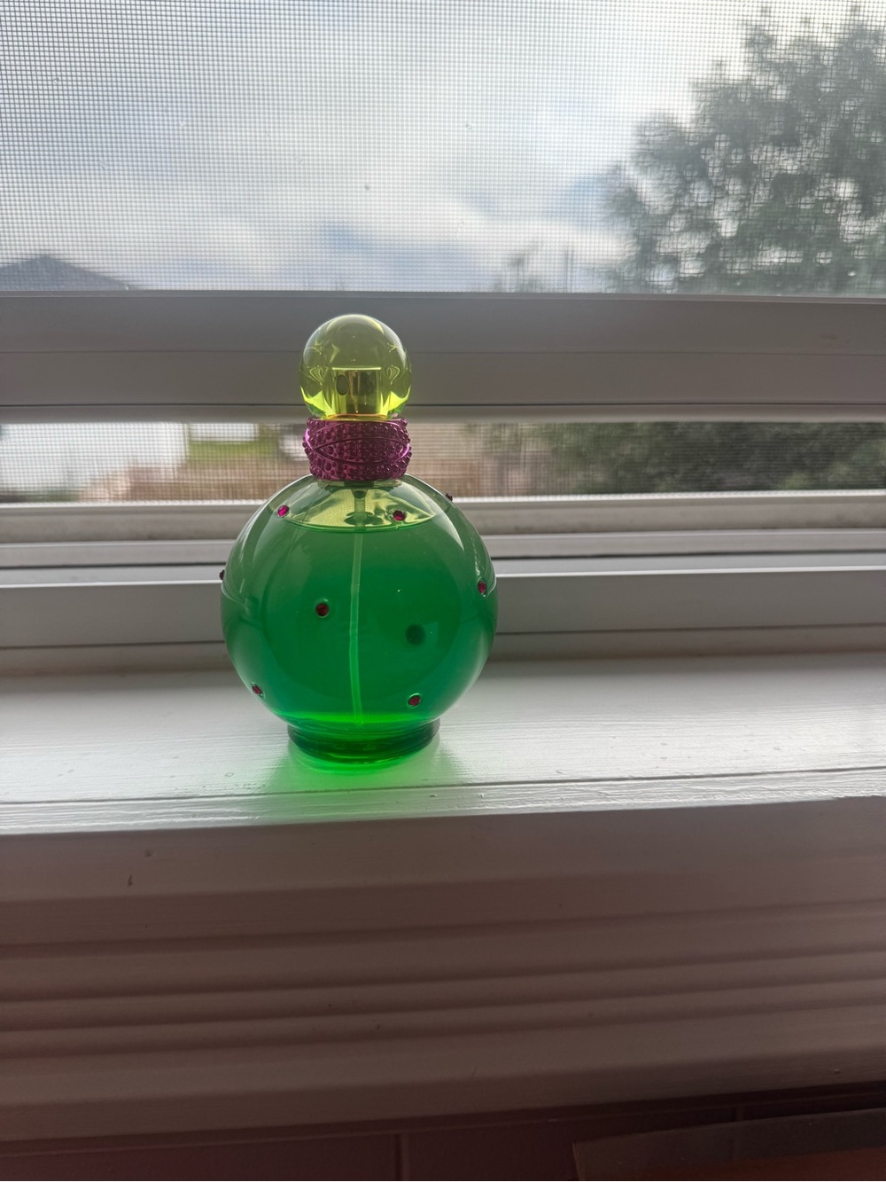 Green Decorative Glass Bottle with Pink Jeweled Collar